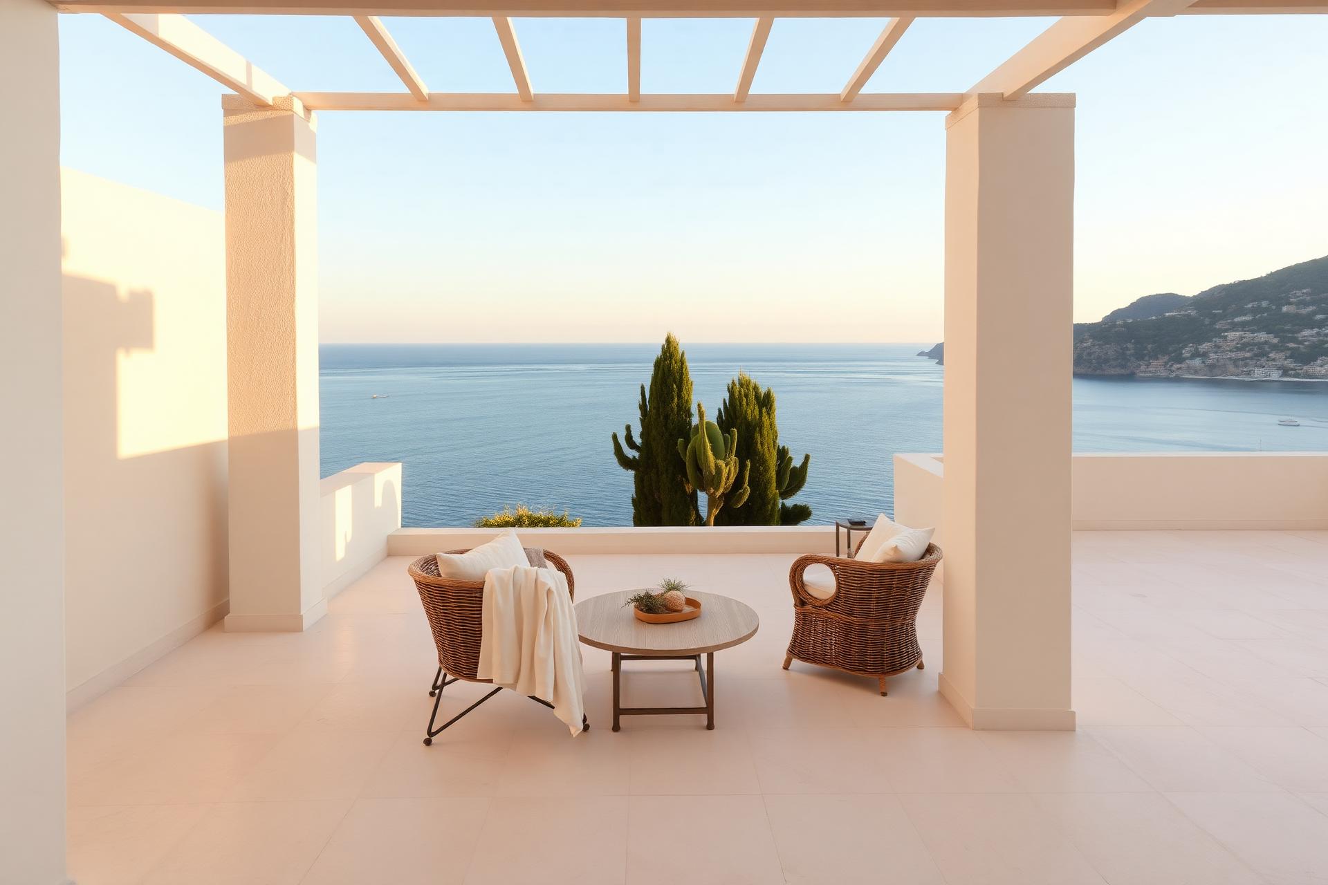 Morning light on a Mediterranean villa terrace overlooking the sea
